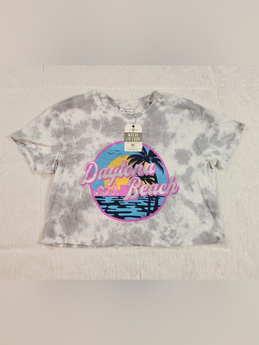 Daytona Beach Graphic Tie-Dye Crop Tee - White & Gray